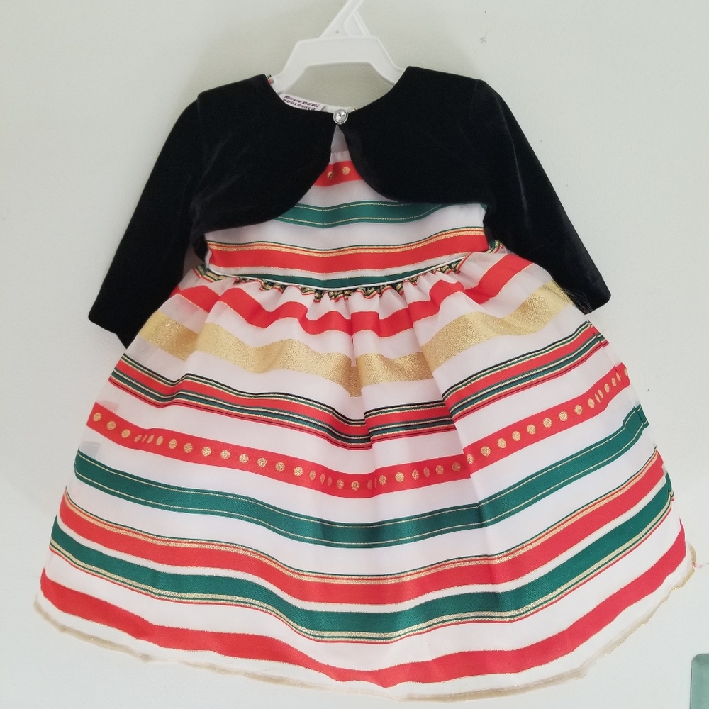Blueberi Boulevard Baby Girls Christmas Dress 12M Red Green Gold Stripe Shrug EC